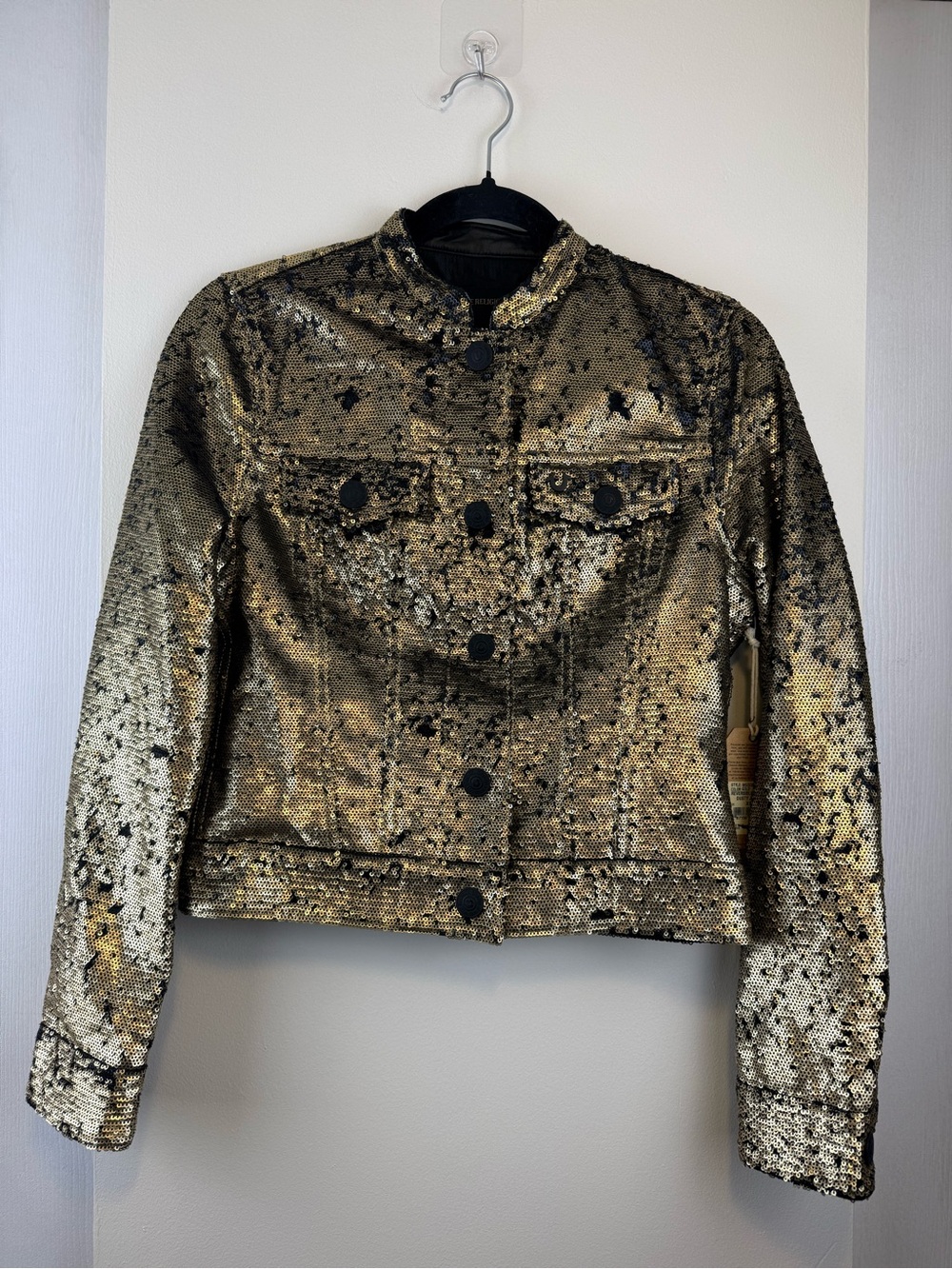 NWT True Religion Gold Black Reversible Sequin Dusty Trucker Jacket XS